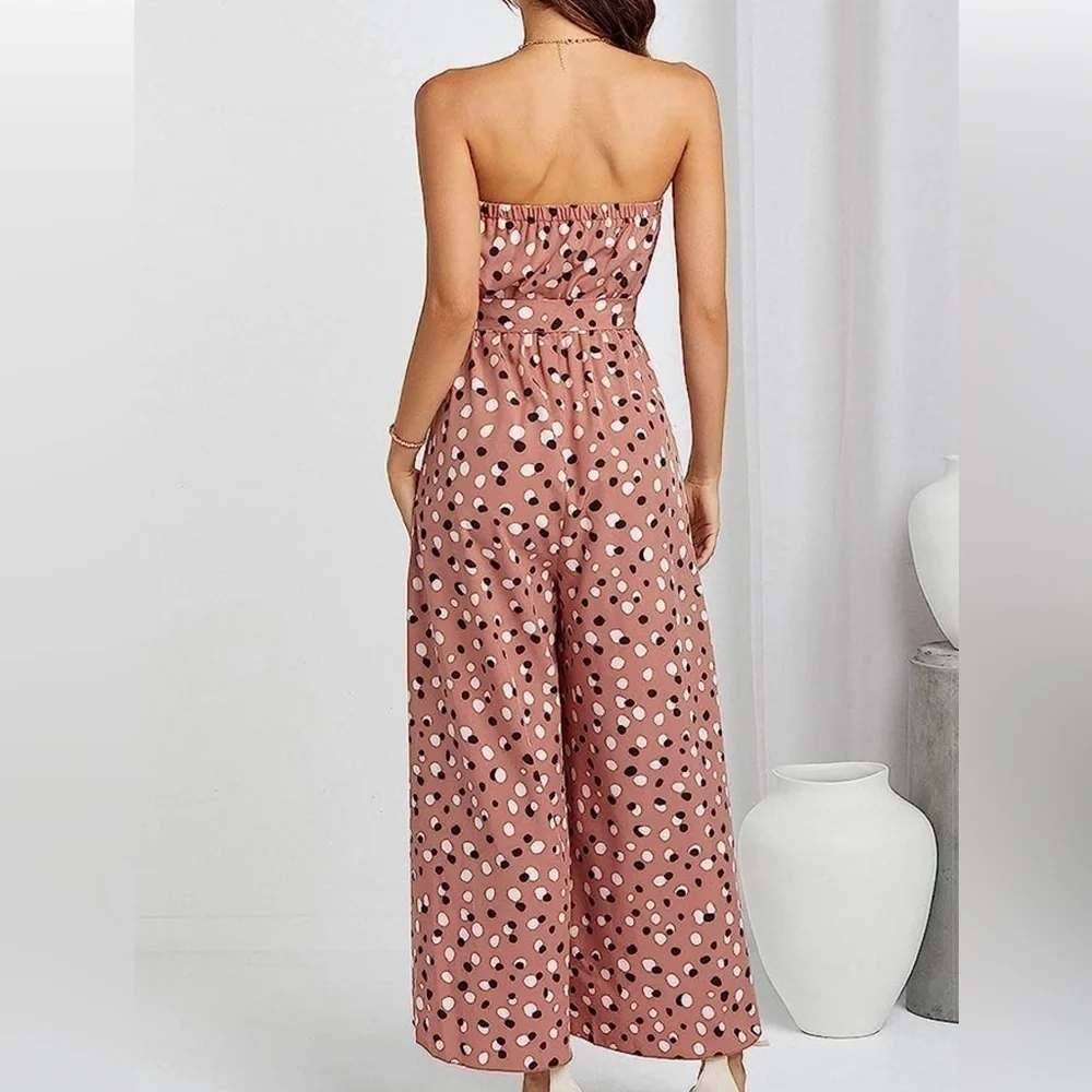 Pink Black Polka Dot Strapless Split Leg Jumpsuit Party S…